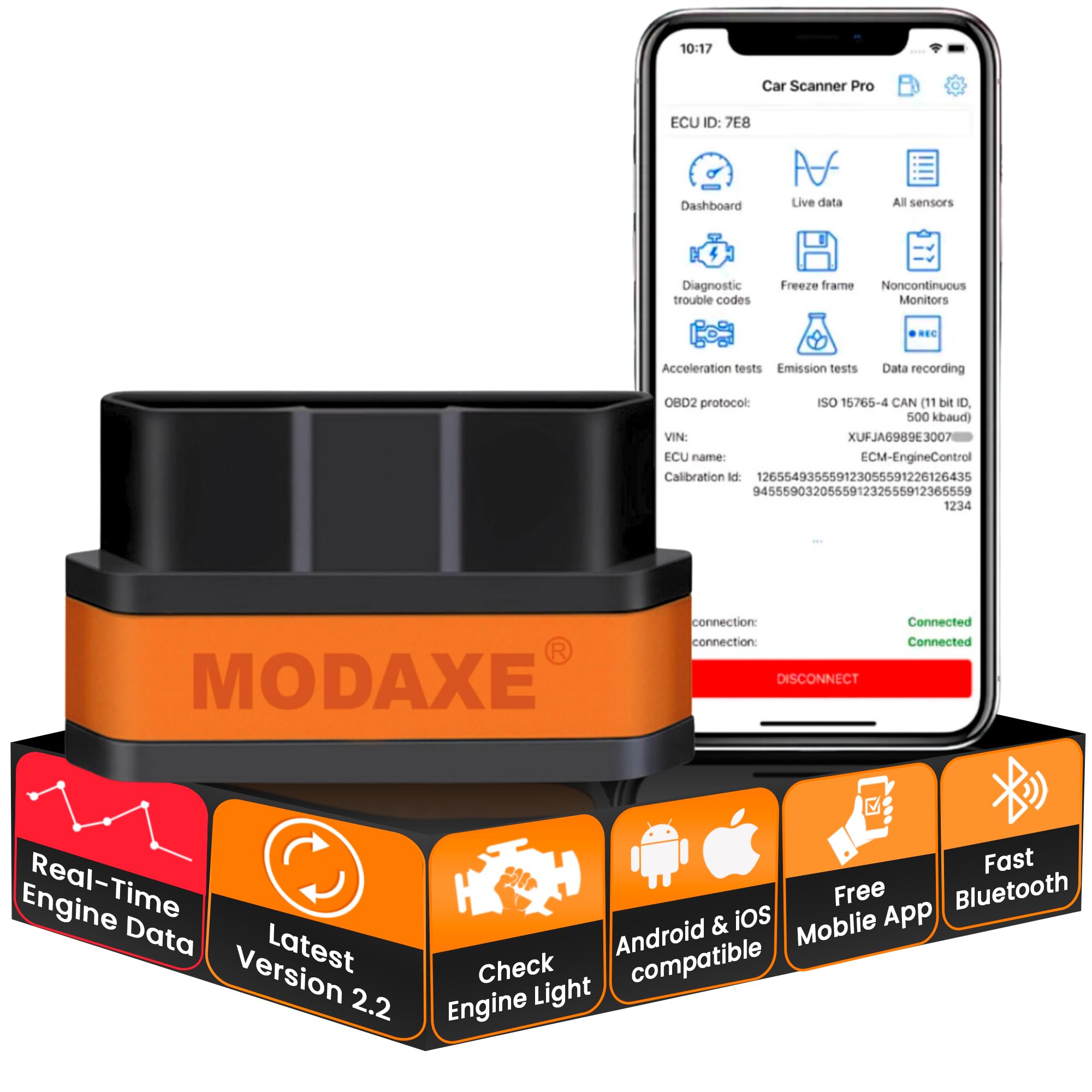 MODAXE Advanced Chipset OBD II Scanner Code Reader V2.2 Smart Car Vehicle Diagnostic Scanner Tool | Bluetooth 4.0 | Supports ODB2/OBDII Protocols | Compatible with Android &amp; Apple iOS