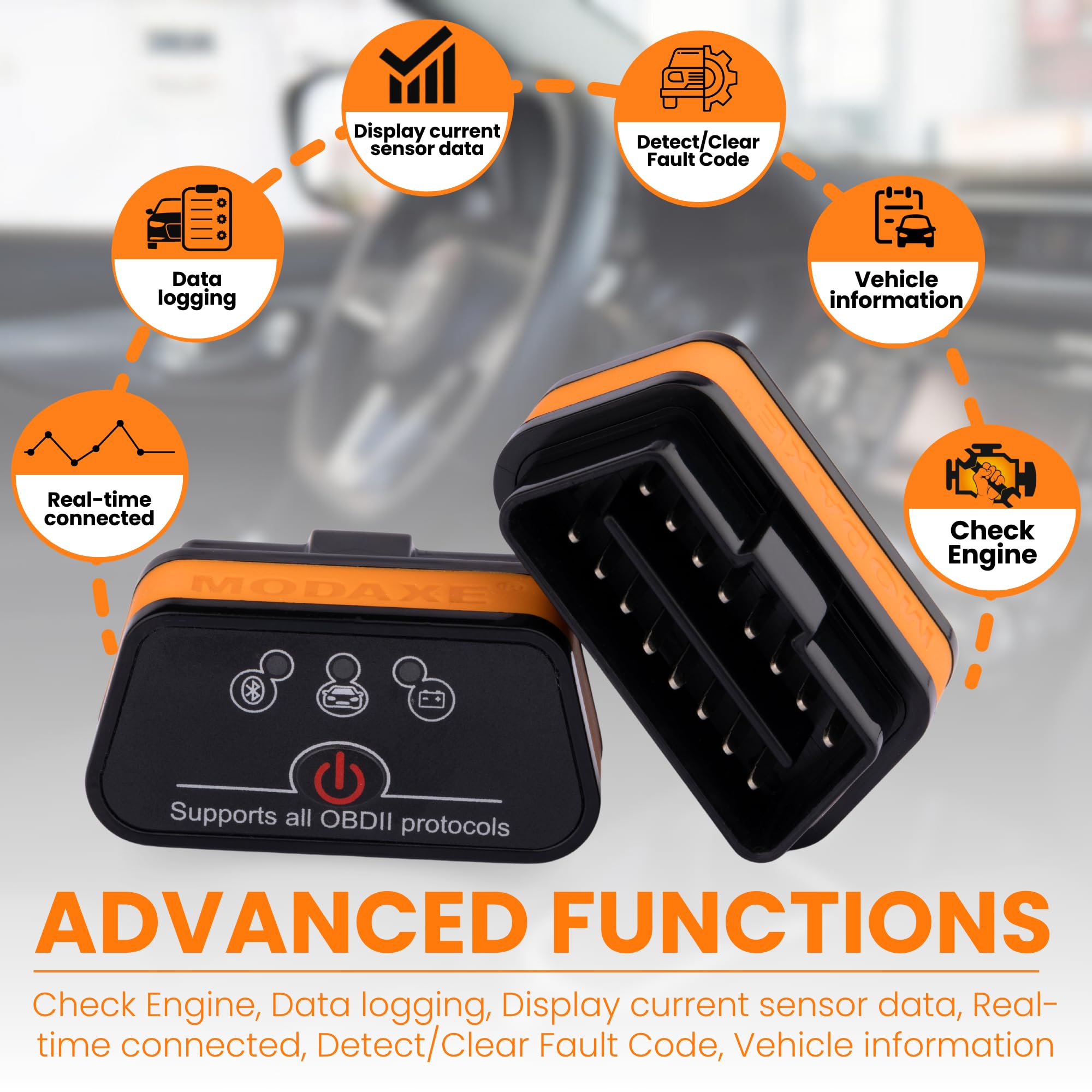 MODAXE Advanced Chipset OBD II Scanner Code Reader V2.2 Smart Car Vehicle Diagnostic Scanner Tool | Bluetooth 4.0 | Supports ODB2/OBDII Protocols | Compatible with Android &amp; Apple iOS