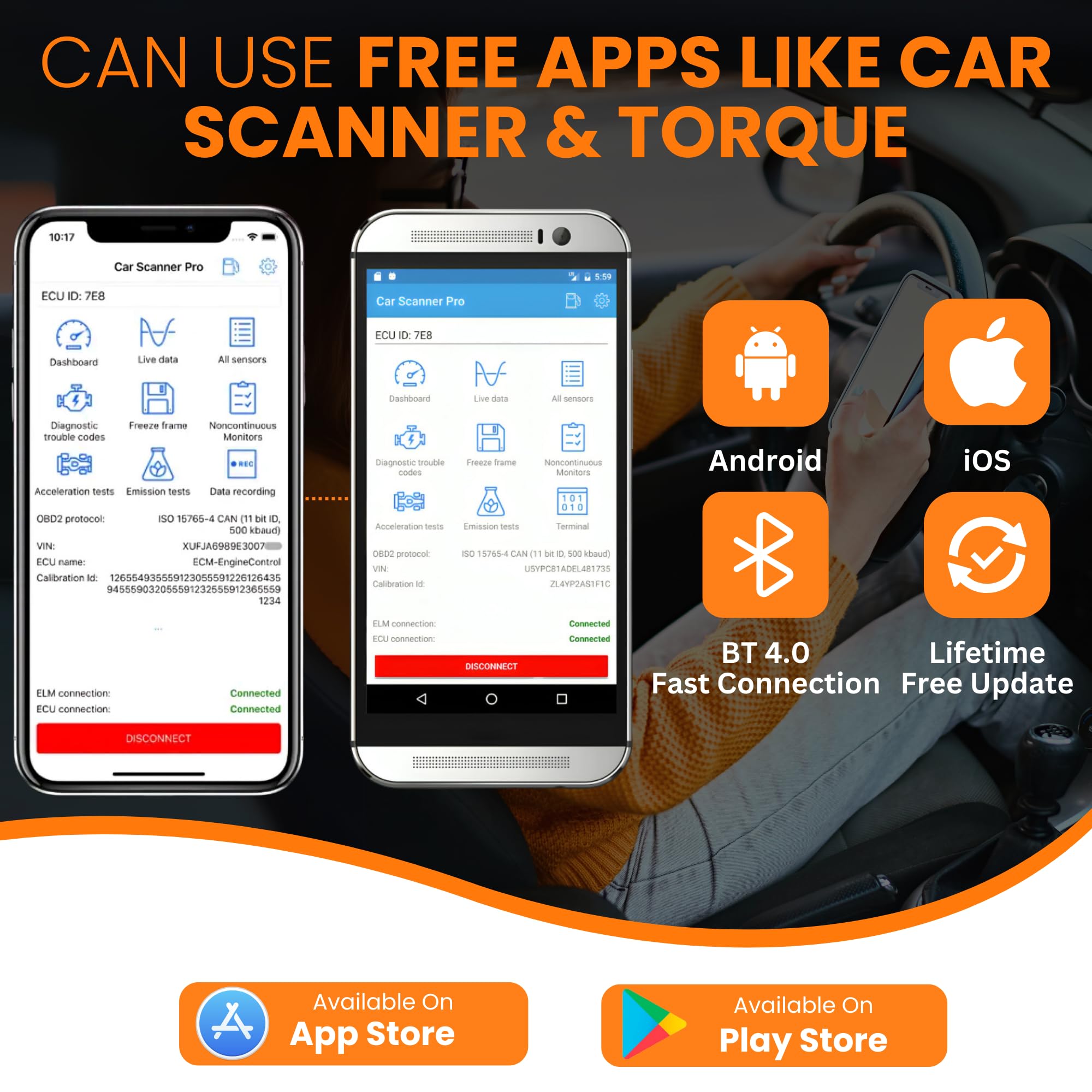 MODAXE Advanced Chipset OBD II Scanner Code Reader V2.2 Smart Car Vehicle Diagnostic Scanner Tool | Bluetooth 4.0 | Supports ODB2/OBDII Protocols | Compatible with Android &amp; Apple iOS