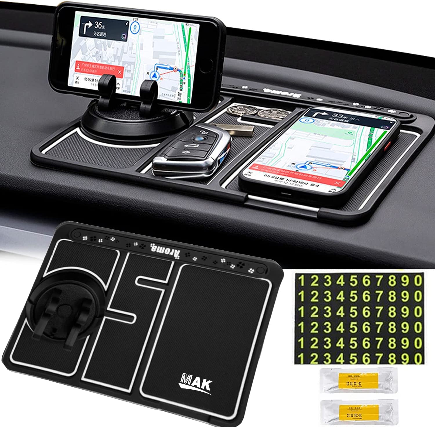Anti-Slip Car Dashboard Mat with Phone Holder &amp; Aromatherapy - Universal Non Slip Sticky Rubber Pad with 2 Aroma Sticks &amp; Radium Night Glow for Smartphone, GPS Navigation- Black