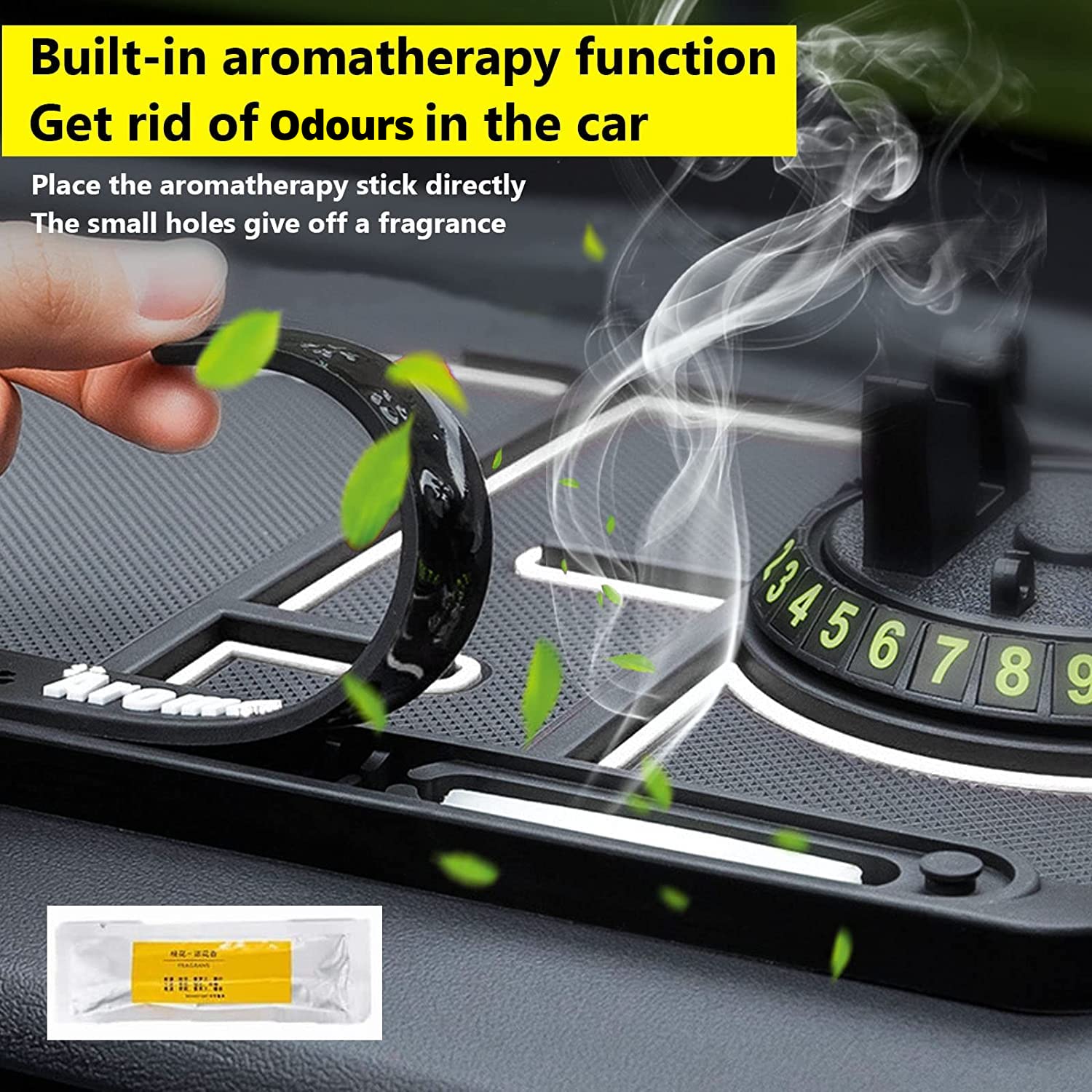 Anti-Slip Car Dashboard Mat with Phone Holder &amp; Aromatherapy - Universal Non Slip Sticky Rubber Pad with 2 Aroma Sticks &amp; Radium Night Glow for Smartphone, GPS Navigation- Black