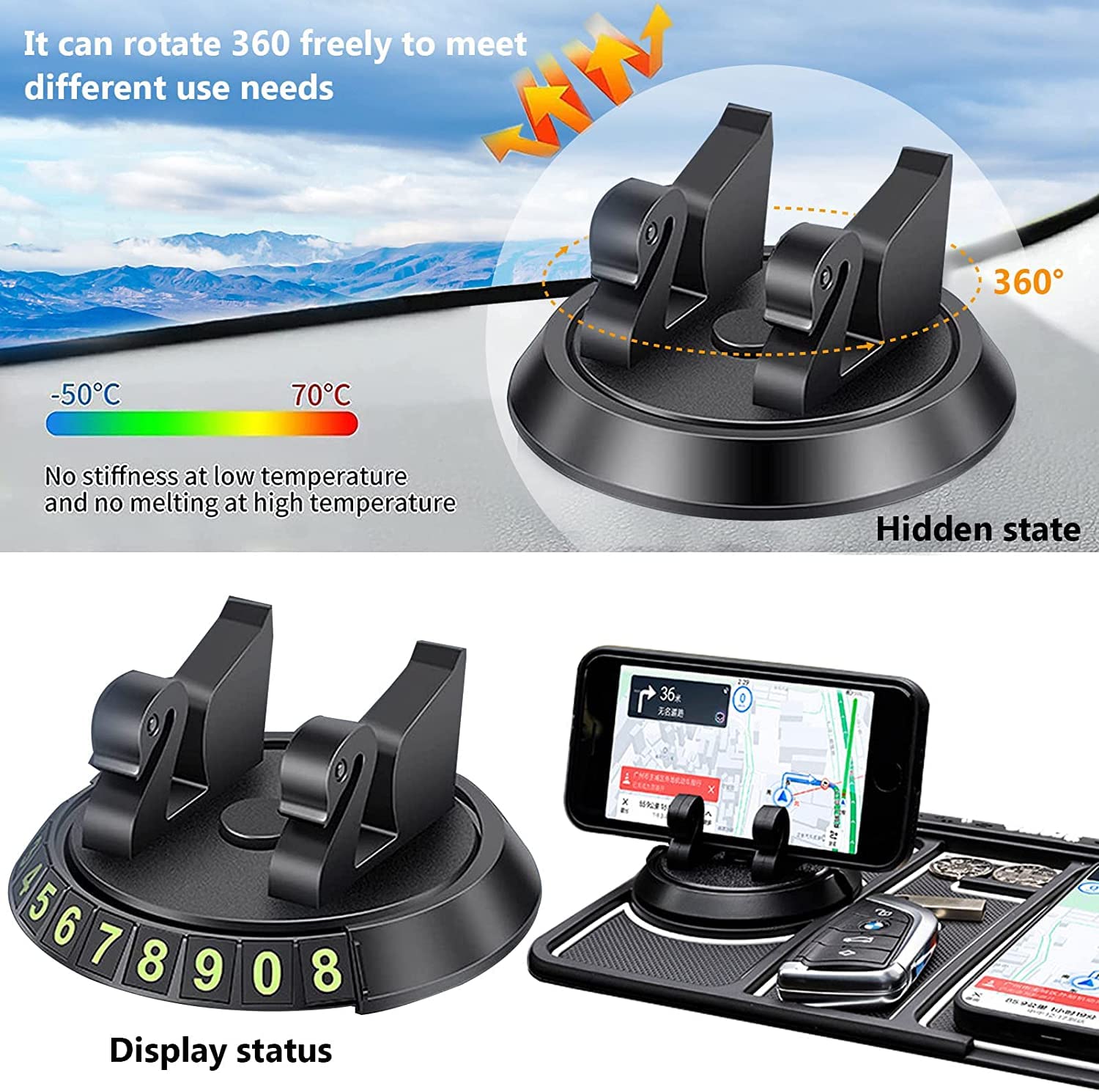 Anti-Slip Car Dashboard Mat with Phone Holder &amp; Aromatherapy - Universal Non Slip Sticky Rubber Pad with 2 Aroma Sticks &amp; Radium Night Glow for Smartphone, GPS Navigation- Black