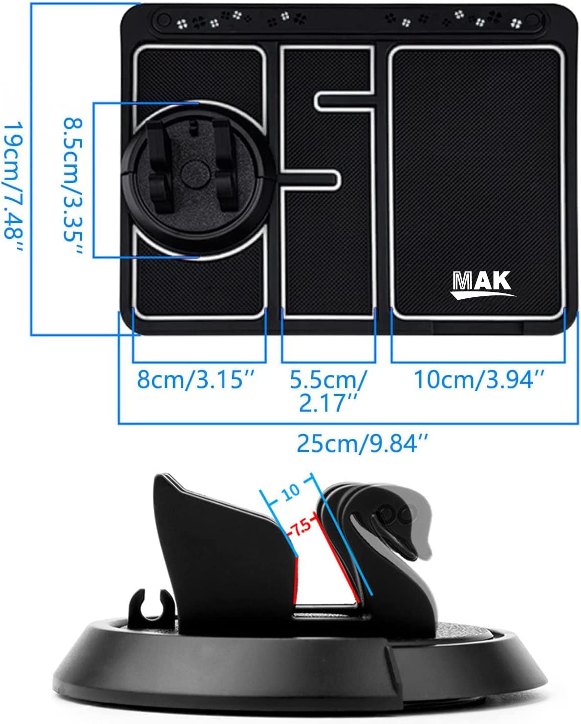 Anti-Slip Car Dashboard Mat with Phone Holder &amp; Aromatherapy - Universal Non Slip Sticky Rubber Pad with 2 Aroma Sticks &amp; Radium Night Glow for Smartphone, GPS Navigation- Black
